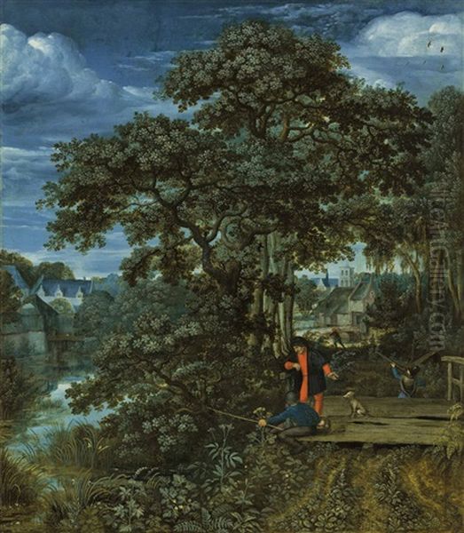 A Wooded, River Landscape With An Angler Oil Painting by Lucas Van Valkenborch