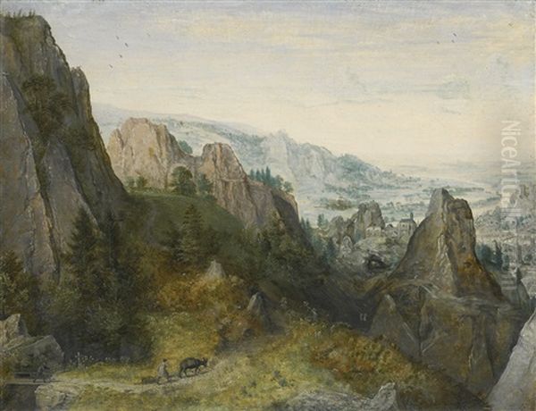 Rocky Landscape With Travellers On A Path, With A View Of A Town, Believed To Be Huy, In The Valley Beyond Oil Painting by Lucas Van Valkenborch