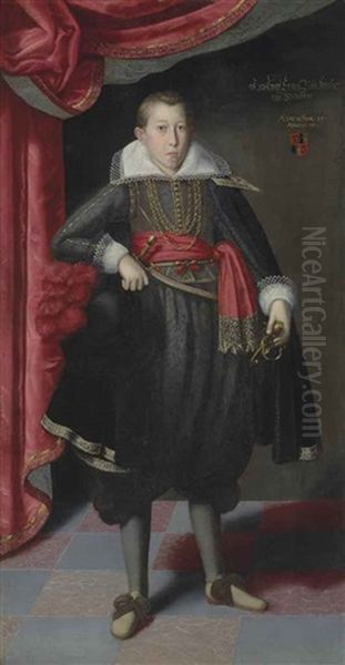 Portrait Of Freiherr Ernst Lobl Of Greinburg, Full-length, Aged 15, In A Gold Embroidered Black Costume And Black Cape, Holding A Hat With Red Ostrich Feathers, Before A Curtain Oil Painting by Lucas Van Valkenborch