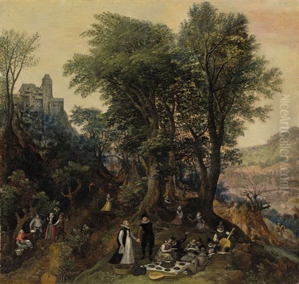 River Landscape In The Spring With Castle And Noblemen Oil Painting by Lucas Van Valkenborch