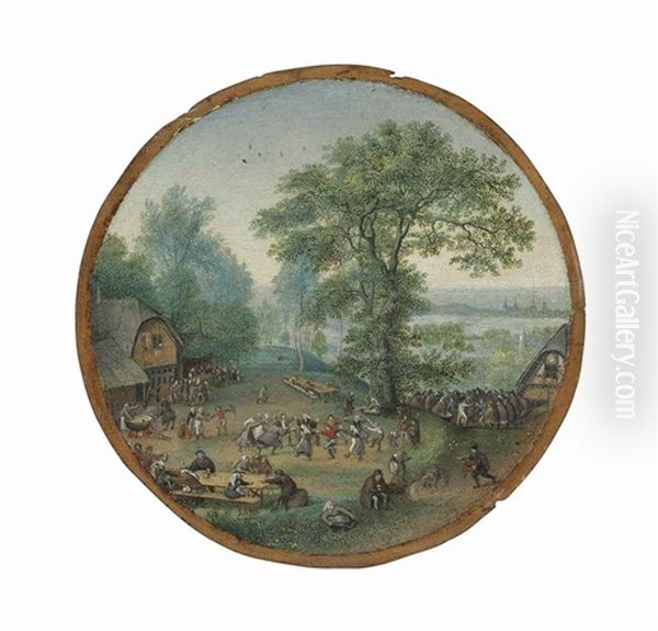 A Wooded Landscape With Figures Dancing And Merry-making In A Village Oil Painting by Lucas Van Valkenborch