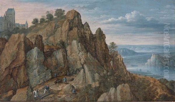 Mine De Fer Dans Des Collines Au Pied D'une Forteresse, A Droite, Paysage De Riviere Oil Painting by Lucas Van Valkenborch