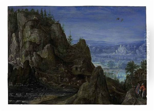 An Extensive Rocky Landscape With Travellers On A Path And A Mill Beyond Oil Painting by Lucas Van Valkenborch