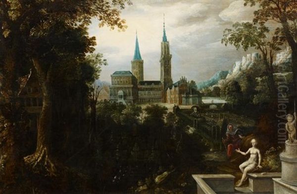 Bathseba Am Brunnen In Parklandschaft Oil Painting by Lucas Van Valkenborch