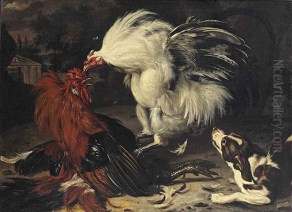 Two Roosters Fighting And A Dog Watching, A Park Landscape Beyond Oil Painting by Dirk Valkenburg