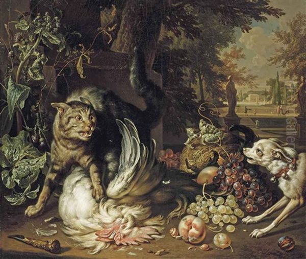 A Cat Protecting Game From A Dog In A Landscape Oil Painting by Dirk Valkenburg