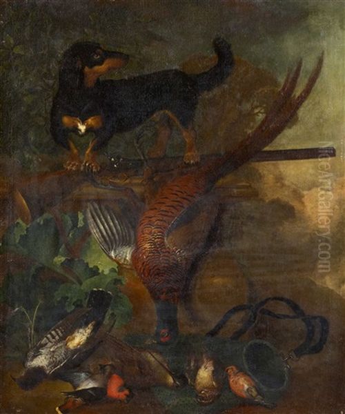 Jagdhund Mit Erlegten Singvogeln Und Einem Fasan Oil Painting by Dirk Valkenburg