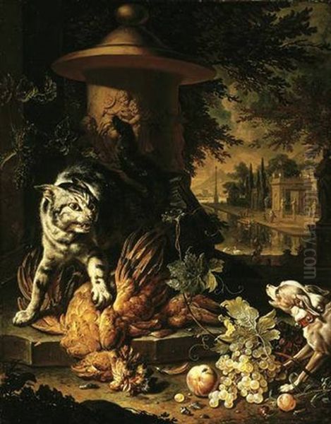 A Cat Protecting Dead Game From A Dog, Elegant Figures In An Architectural Landscape Beyond Oil Painting by Dirk Valkenburg