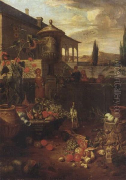 An Italianate Villa And Garden With Figures, A Still Life Of Fruit And Vegetables In The Foreground, Cypress Trees And Mountains Beyond Oil Painting by Dirk Valkenburg