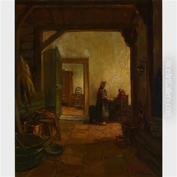 Dutch Interior Genre Oil Painting by Hendrik Valkenburg