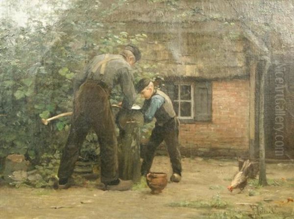 Farmhouse With People Sharpening The Hand Tools Oil Painting by Hendrik Valkenburg