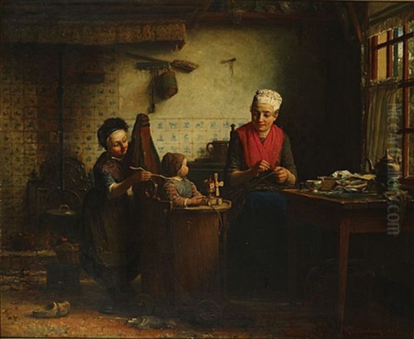 Moeder Met Kinderen In Een Interieur Oil Painting by Hendrik Valkenburg