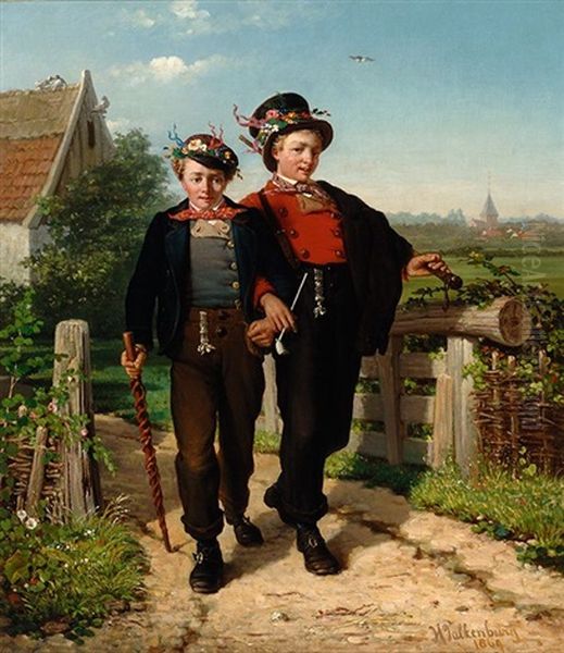 Two Brulfteneugers Leaving A Farmhouse Oil Painting by Hendrik Valkenburg