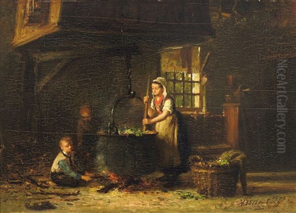 Blick In Eine Alte Kuche Mit Mutter Und Zwei Kindern Am Kochkessel Oil Painting by Hendrik Valkenburg