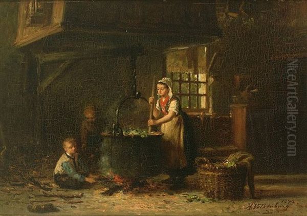 Blick In Eine Alte Kuche Mit Mutter Und Zwei Kindern Am Kochkessel Oil Painting by Hendrik Valkenburg