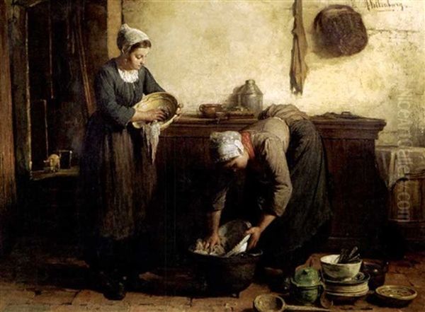 Two Maids Washing Dishes Oil Painting by Hendrik Valkenburg