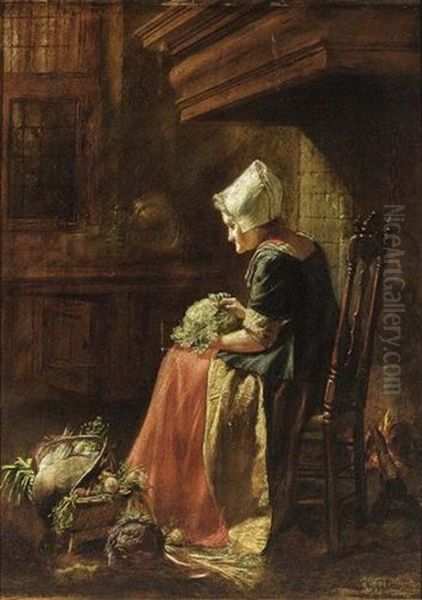 A Woman Seated With A Cabbage In A Chair By The Fire Place, A Vegetable Still Life At Her Feet Oil Painting by Hendrik Valkenburg