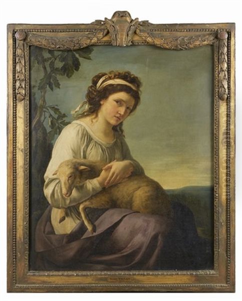 Portrait De Jeune Femme Tenant Un Mouton Dans Ses Bras Oil Painting by Nanine Vallain