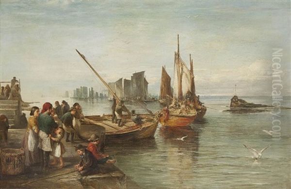 Breton Quay With Fishing Fleet Leaving The Harbour Oil Painting by William Fleming Vallance