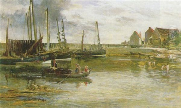 Fishing Boats In A Berwickshire Harbour Oil Painting by William Fleming Vallance