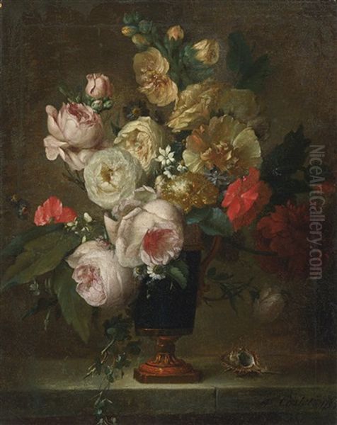 Still Life Of Flowers In A Vase With A Shell Oil Painting by Anne Vallayer-Coster