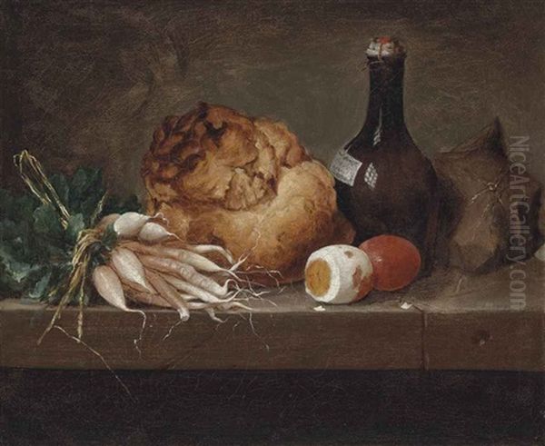 Parsnips, A Loaf Of Bread, Eggs And A Bottle On A Stone Ledge Oil Painting by Anne Vallayer-Coster