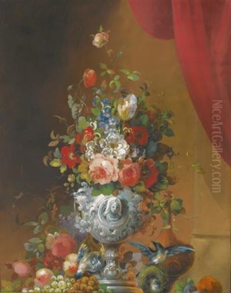 Still Life With Flowers In An Urn, Birds And Fruit On A Ledge Below Oil Painting by Anne Vallayer-Coster