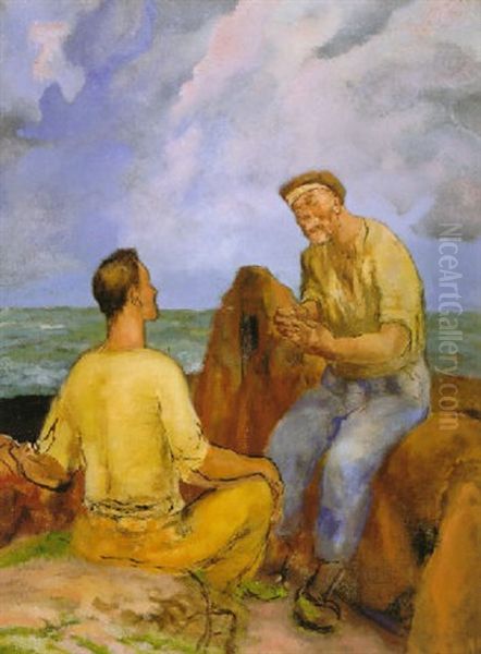 Dos Pescatores: El Viejo Pescador Ensena Al Joven Oil Painting by Evaristo Valle