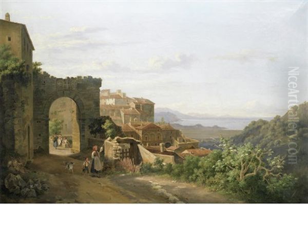 Mediterranean Coastal Townscape Oil Painting by Pietro Della Valle