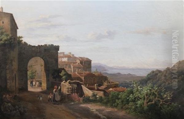 Italian Hillside Town Oil Painting by Pietro Della Valle