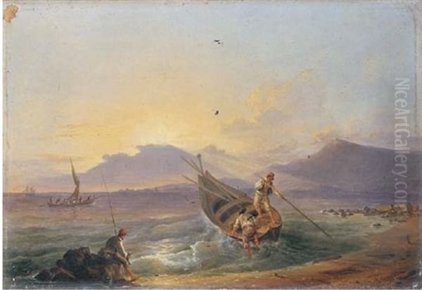 Barche E Pescatori Lungo La Costa Livornese Oil Painting by Pietro Della Valle