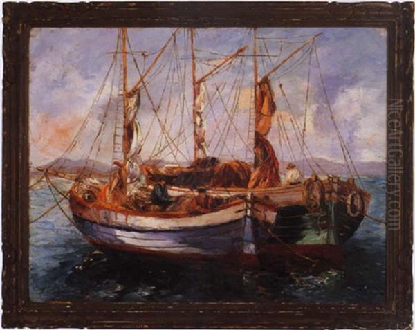 Fishing Boats In An Italian Harbour Oil Painting by Pietro Della Valle