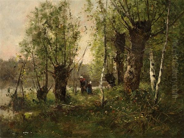 Wood Gatherer In Landscape Oil Painting by Etienne Maxime Vallee