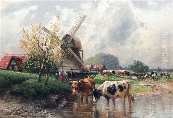 Voorjaarslandschap Met Koeien Bij Een Molen Oil Painting by Etienne Maxime Vallee