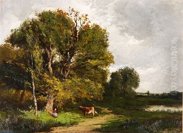 Waldweg Mit Hirtin Und Kuh Oil Painting by Etienne Maxime Vallee