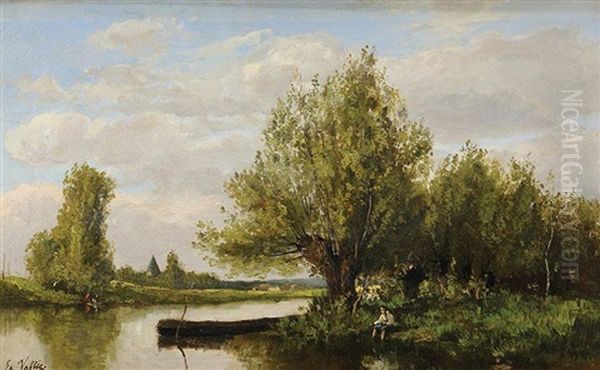 Pecheur Sur La Riviere Oil Painting by Etienne Maxime Vallee