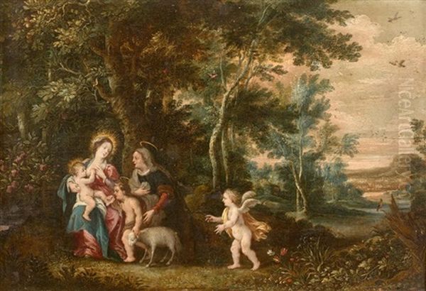 Vierge A L'enfant Avec Saint Jean Baptiste Et Sainte Anne Dans Un Paysage Oil Painting by Gerard de la Vallee