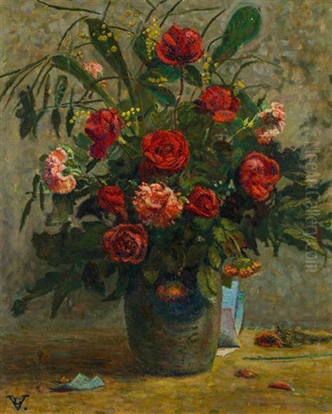 Vase Mit Roten Blumen Oil Painting by Ludovic Vallee