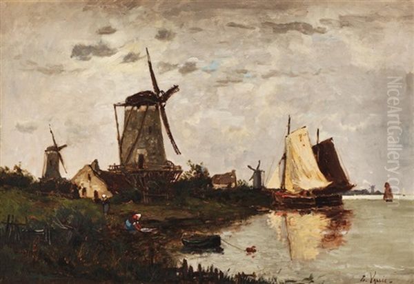 Paysage Aux Moulins Oil Painting by Emile (Jean Pierre E.) Vallet