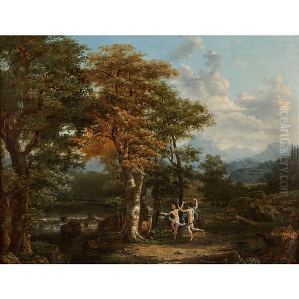 Nymphes Dansant Et Satyres Dans Un Paysage Oil Painting by Jacques Antoine Vallin