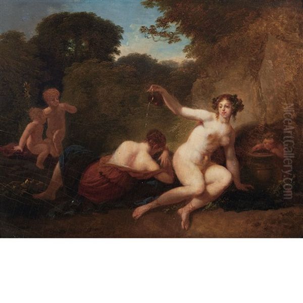 Two Maenads With Putti In A Landscape Oil Painting by Jacques Antoine Vallin