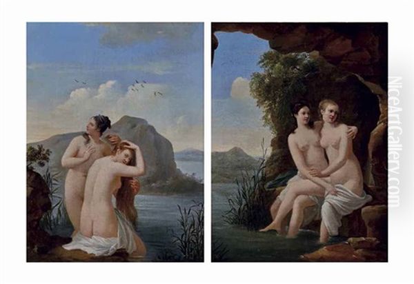 Des Nymphes Se Baignant; Et Des Nymphes A L'entree D'une Grotte Oil Painting by Jacques Antoine Vallin