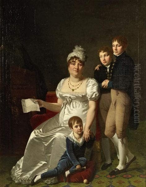 Portrait Of Madame B., Nee Etiennette Delagrange, With Her Children Oil Painting by Jacques Antoine Vallin