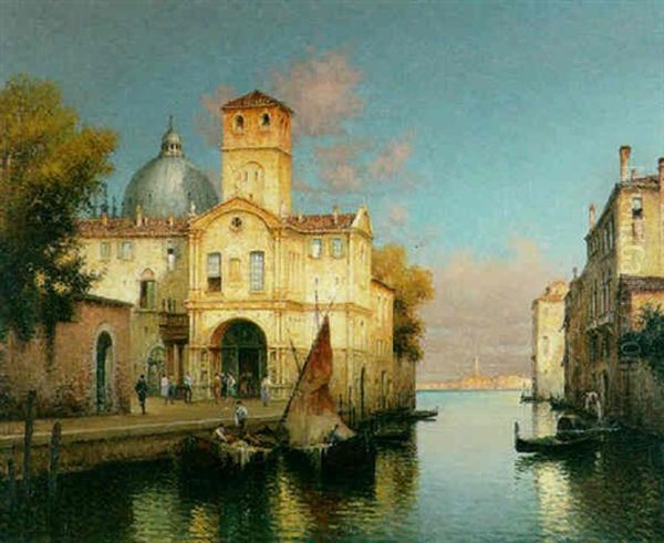 A Venetian Canal Scene With Fishing Smacks Moored To The Quay In The Foreground And Figures By A Church Beyond Oil Painting by Robert Vallin