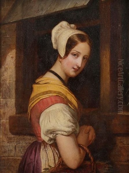 Jeune Fille Au Panier Oil Painting by Julien Vallou de Villeneuve