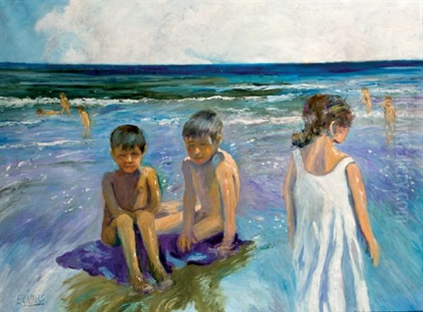 Ninos En La Playa Oil Painting by Ernesto Valls Sanmartin