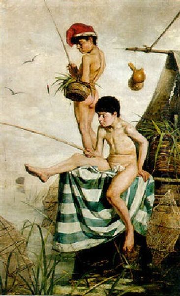 The Young Fishermen Oil Painting by Ernesto Valls Sanmartin