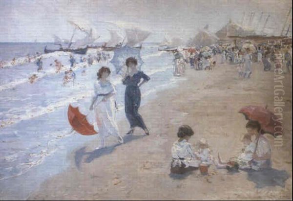 A Beach Scene Oil Painting by Ernesto Valls Sanmartin