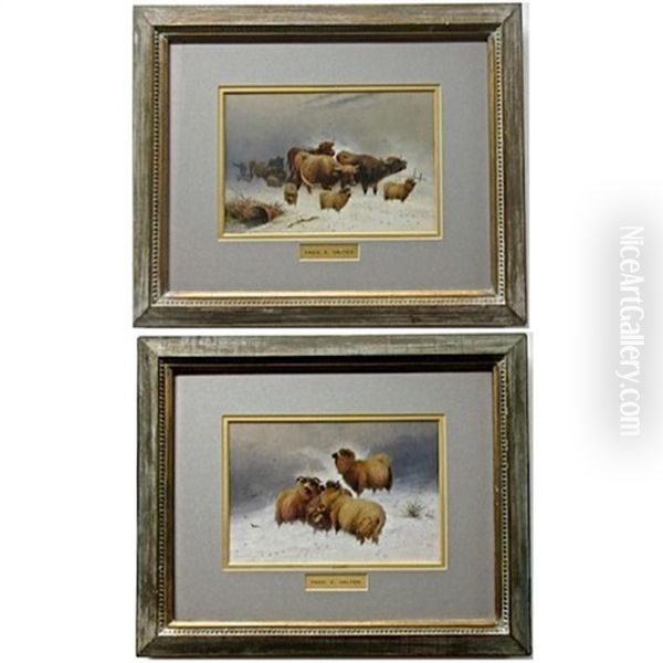 Highland Cattle And Sheep Caught In A Snow Drift Oil Painting by Frederick E. Valter