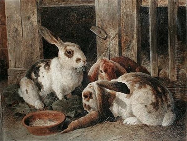 Three Rabbits By A Hutch Oil Painting by Frederick E. Valter